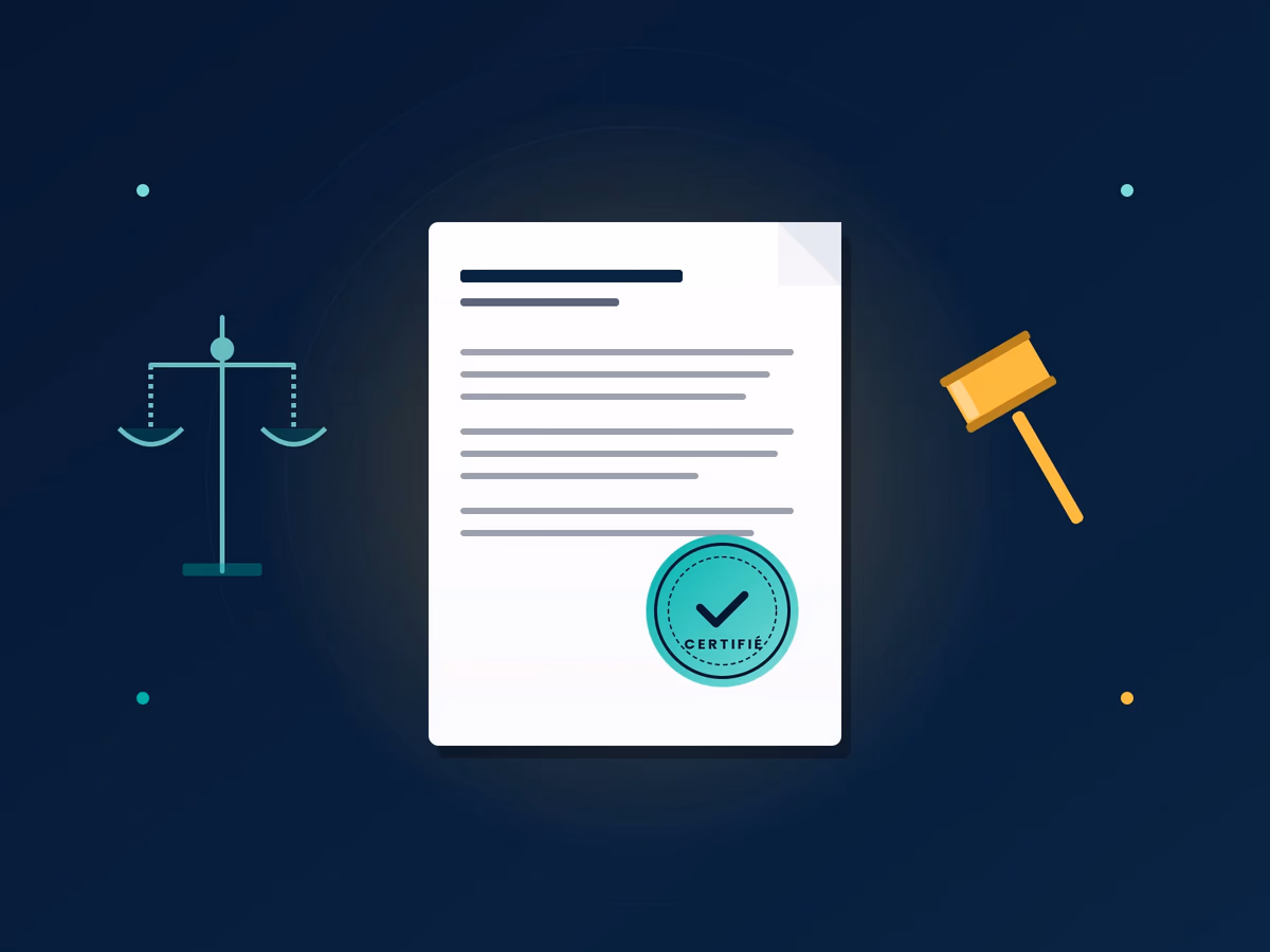 Document légal certifié avec balance de justice, symbolisant les mentions légales du site nshweb.com